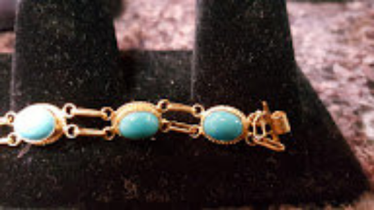 Turquoise & Pearl Art Nouveau Bracelet in Engraved Gold – Gem Set Love